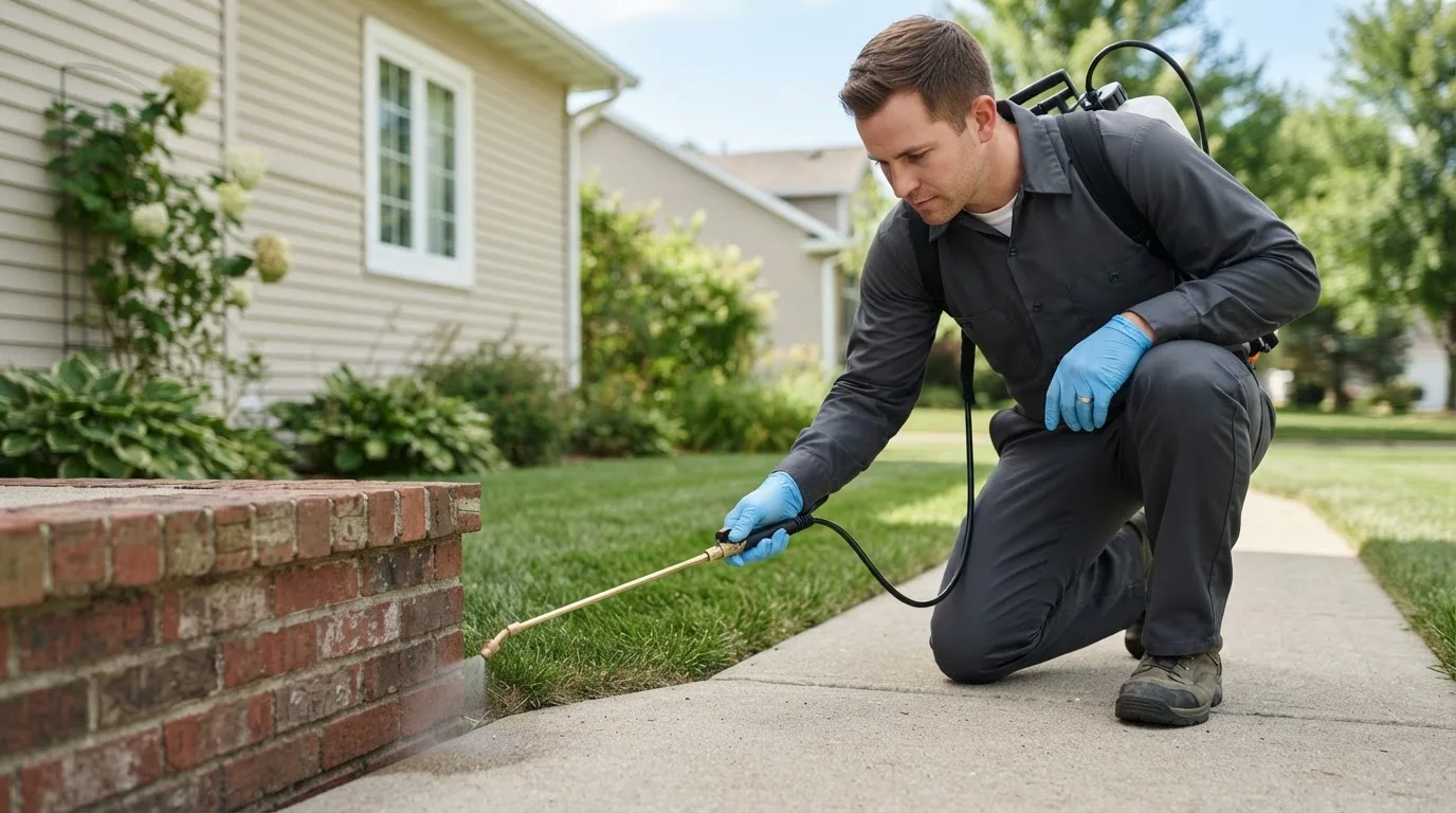 Pest control technician treating a home near Midland, IN