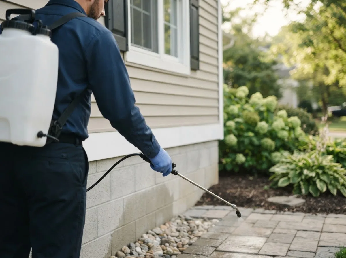 Pest control technician inspecting a home in Midland, IN